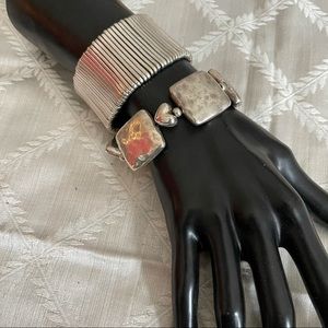 Two silver tone stretch bracelets cuff & beaded